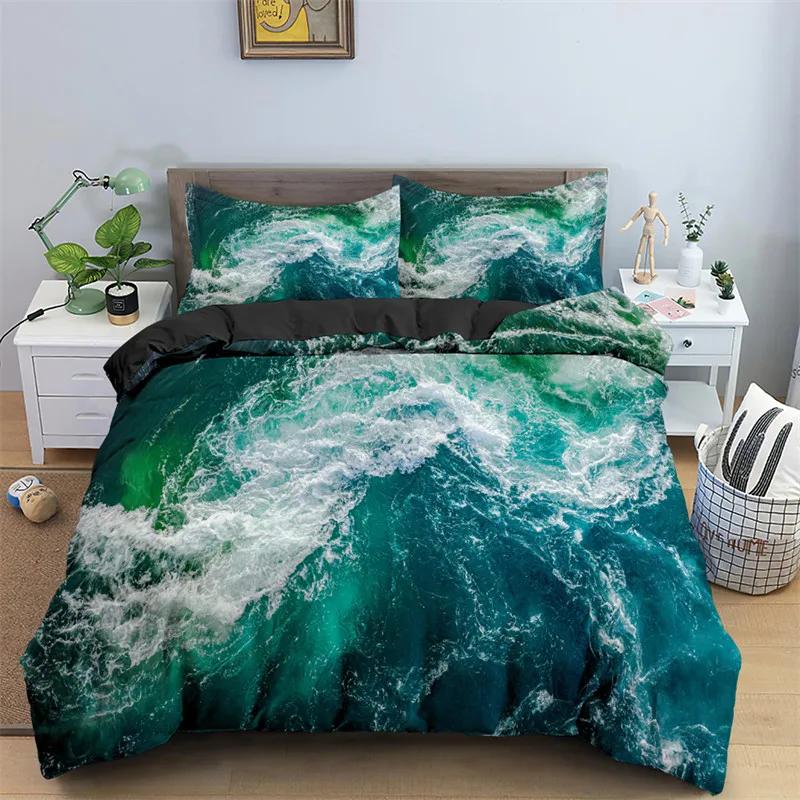 3D Ocean Waves Bedding Set Queen Size Soft Summer Sea Beach Duvet Cover Set Hawaiian Tropical Print Comforter Cover Pillowcases