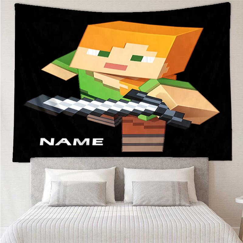 Custom Name Minecraft Print Tapestry, Backdrop, Easy Setup, Ideal for Bedroom, Office & Living Room, with Aesthetic Wall Hanging Decor.