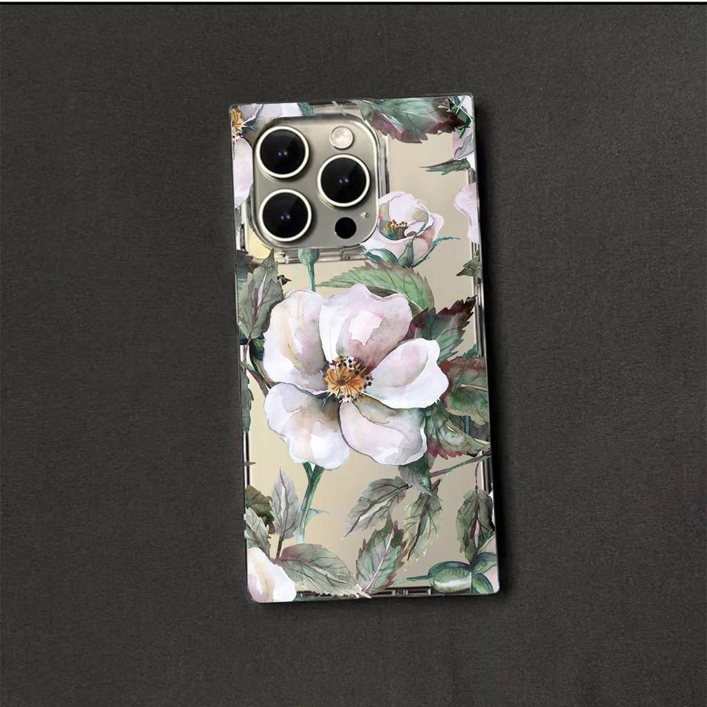 Прозрачный квадратный чехол-накладка для iPhone 16 ProMax 14 Pro Max 12 13 15 Plus 11 Защита от кислорода, Чехол с узором пионов