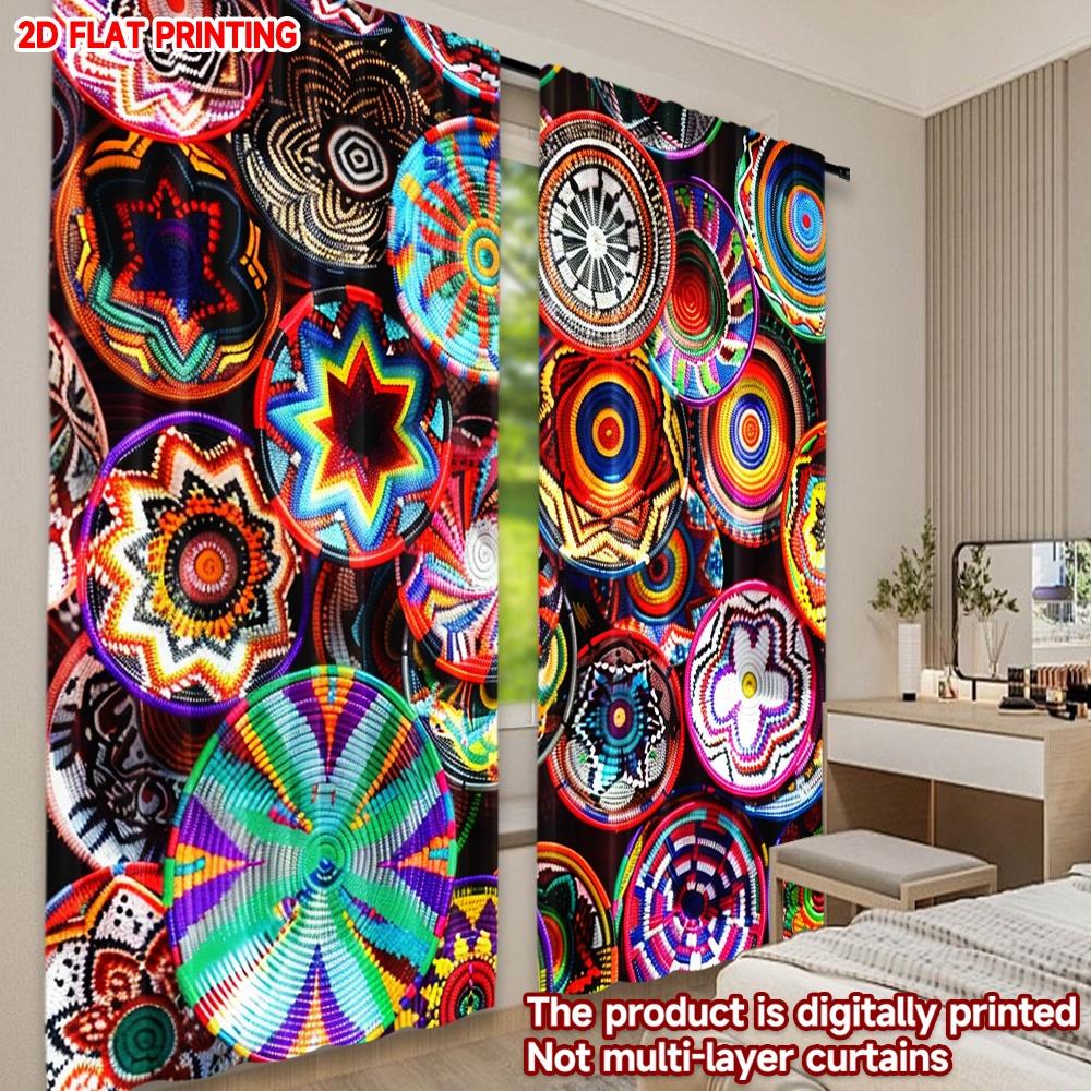 2D flat printing 2pcs Party Curtains Colorful Woven Circles Digital Printed Polyester Drapes All Season Party & Holiday Decor