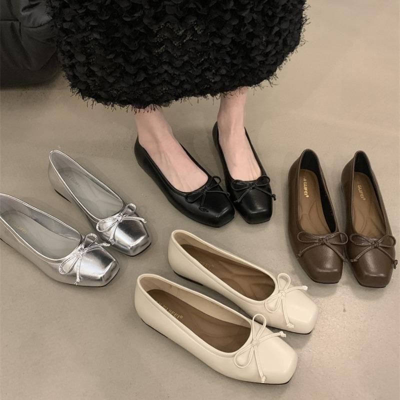 French Retro Silver Bow Flats Gentle Style Women's Shoes