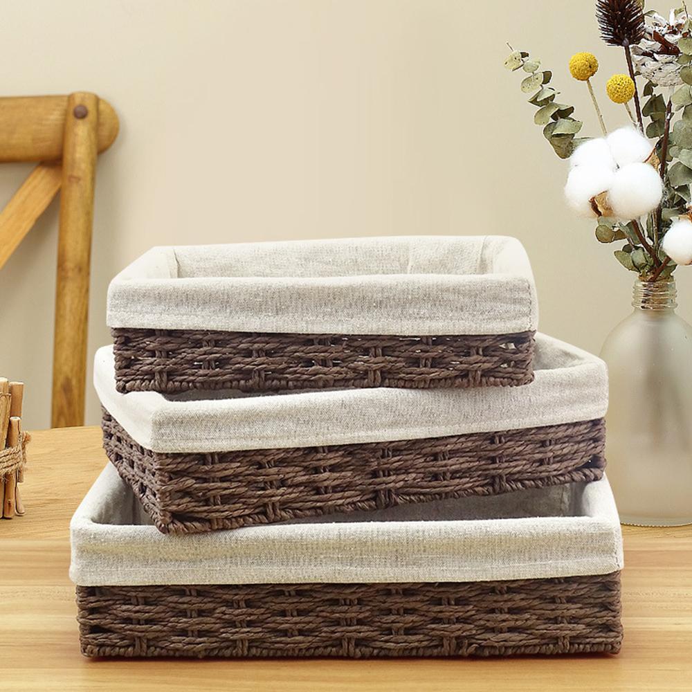 3PCS Rattan Woven Laundry Basket Cosmetic Jewelry Storage Basket Fabric Artly Handcrafted Three-Piece Set for Items