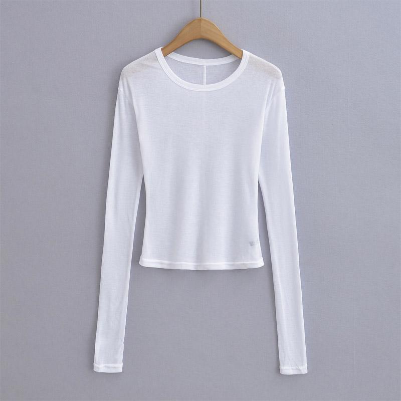 Women Crew Neck Fitted Long Sleeve Semi Sheer T-shirt