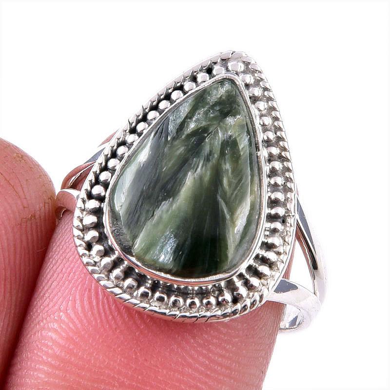 Натуральный драгоценный камень серафинит 925 пробы, ювелирное кольцо из стерлингового серебра, размер 8 Q2l04
