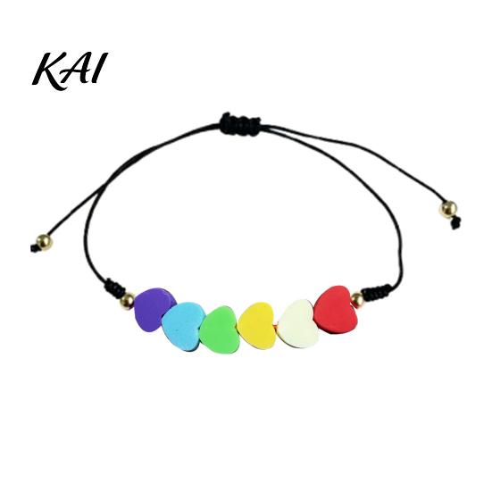 Lightweight Soft Clay Accessory Colorful Hearts Bracelet, Handmade Braided Cord String Adjustable Boho Style Woven Bracelet Heart Shaped Beads Jewelry