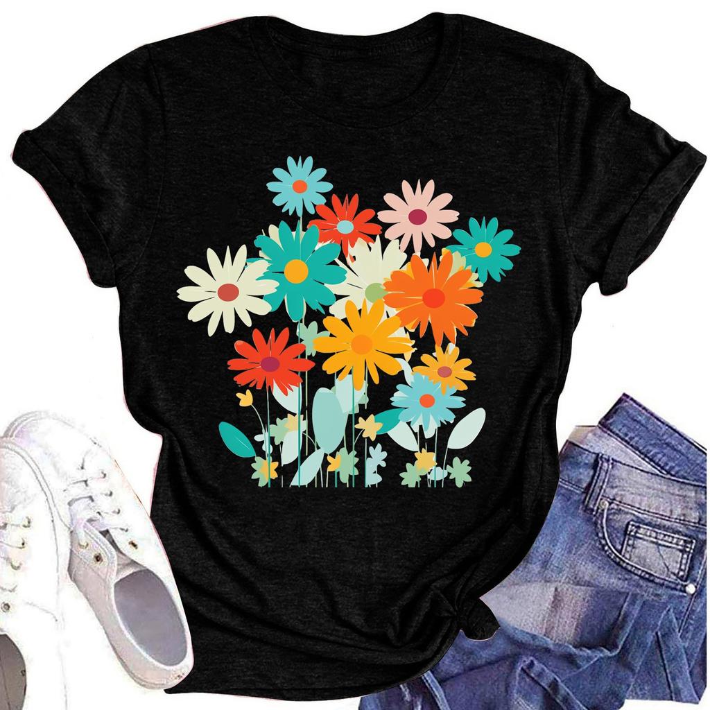 Женская повседневная футболка с круглым вырезом и цветочным принтом, короткий рукав