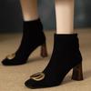 Coarse Heel Square Head Metal Buckle Back Zipper Short Boots High Heel Skinny Martin Boots Frosted Leather High Heel Single Boots