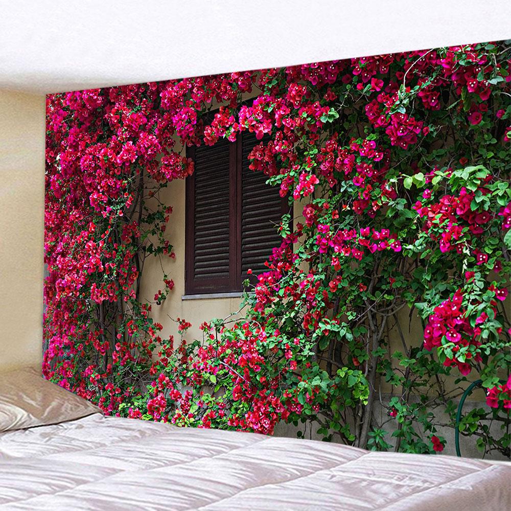 Spring Flowers Wood Fence Tapestry Nature Pink Rose Plant Flower Wall Hanging Garden Window Nature Scenery Tapestry