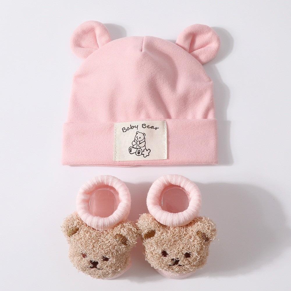 2Pcs/Set Warm Bear Ear Beanie Cotton Infant Cap Socks Cute Baby Turban Socks Autumn Winter