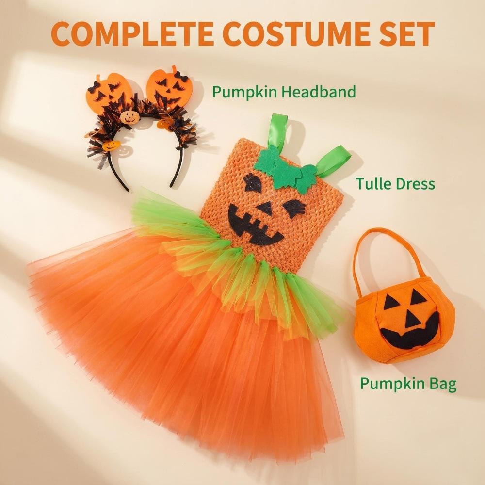 Pumpkin Tutu Dress Halloween Costume for Girls Tulle Skirt Party Dress with Headband and Pumpkin Bag Set for Festival Stage Performance