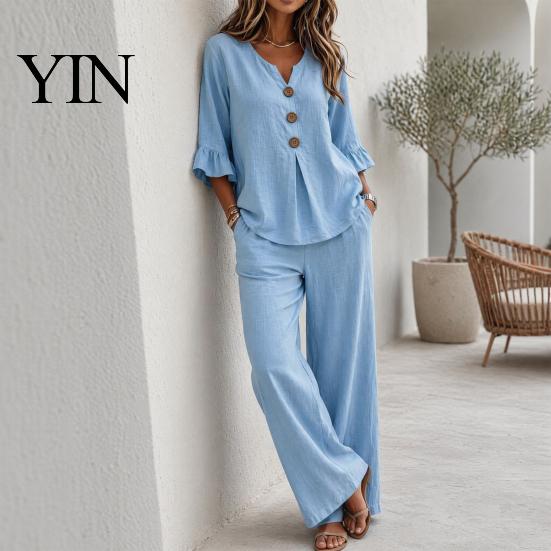 Slimming Wide Leg Pants Summer 2 Piece Sets for Women, Casual Ruffle 3/4 Sleeve Buttons V Top Women Neck And Matching Set, Loose Vacation Lounge
