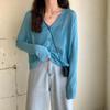 Women Summer Thin Knitted Shirt Top Cardigan V-Neck Full Sleeve Single-breasted Sunscreen Loose Solid Color