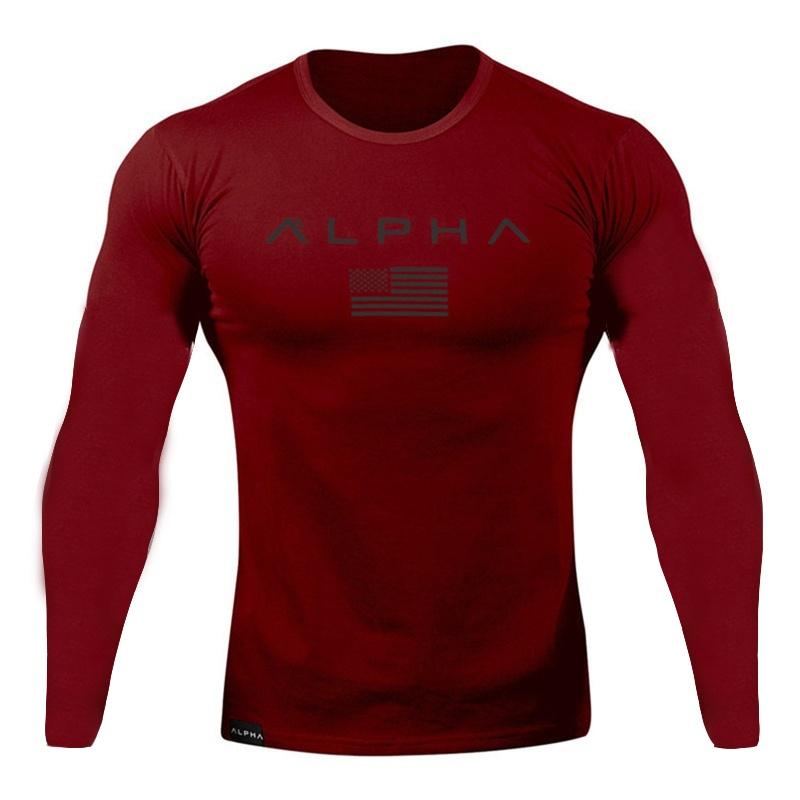 Men Long Sleeves Letter Printed T-Shirt Fitness Tees Outdoor Sport Running Climbing Tights Bodybuilding Muscle Gym Train Compression Shirt
