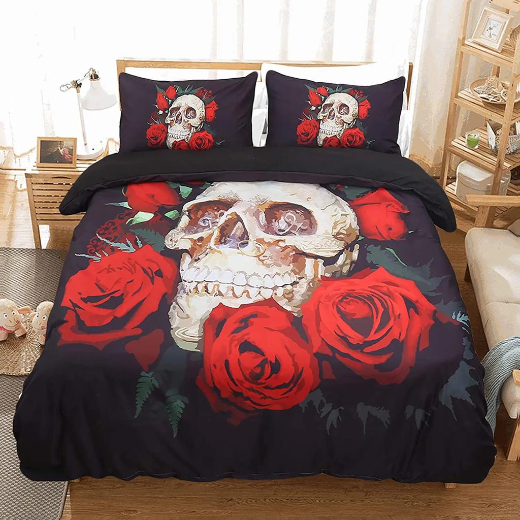 Red Rose Skull Bedding Duvet Cover Set 3D Floral Skull Printed Duvet Cover With Zipper,Soft Microfiber Gothic Decor Bedding Set