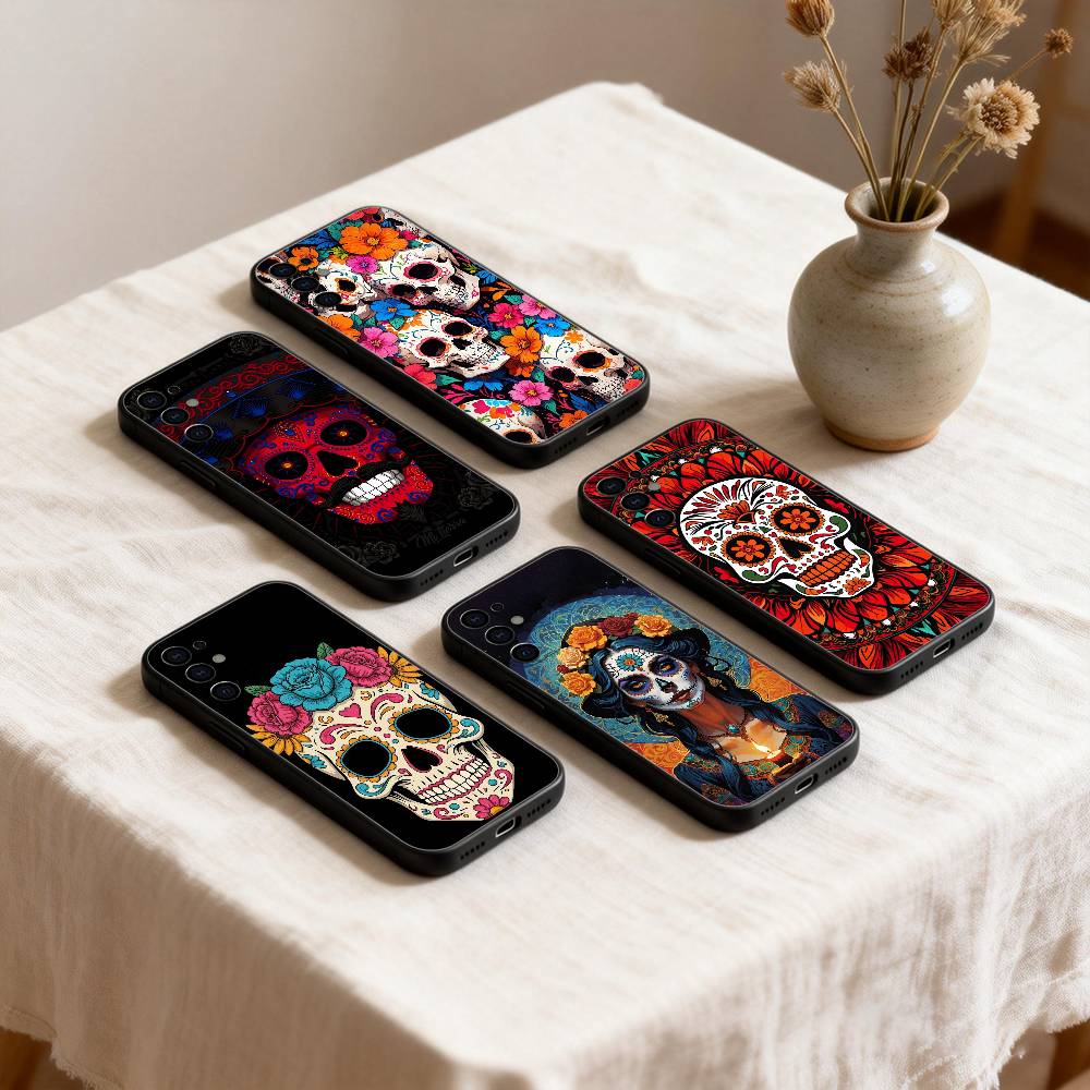 Чехол для телефона с мексиканским черепом Катрина для Samsung S26,25,24,23,22,21,20,30,Ultra,Plus,Fe,Lite Черный корпус