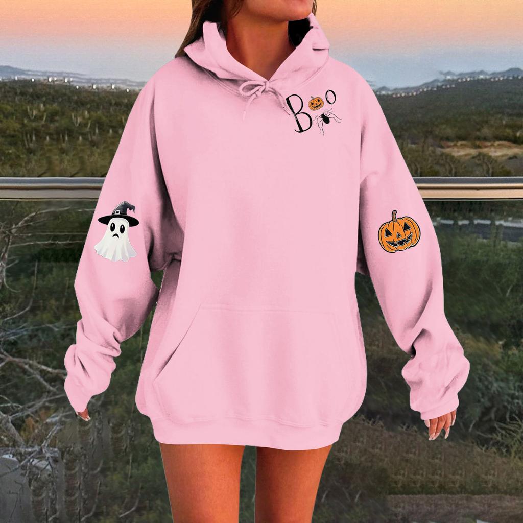 Женский однотонный пуловер с длинным рукавом, капюшоном и повседневным принтом на Хэллоуин