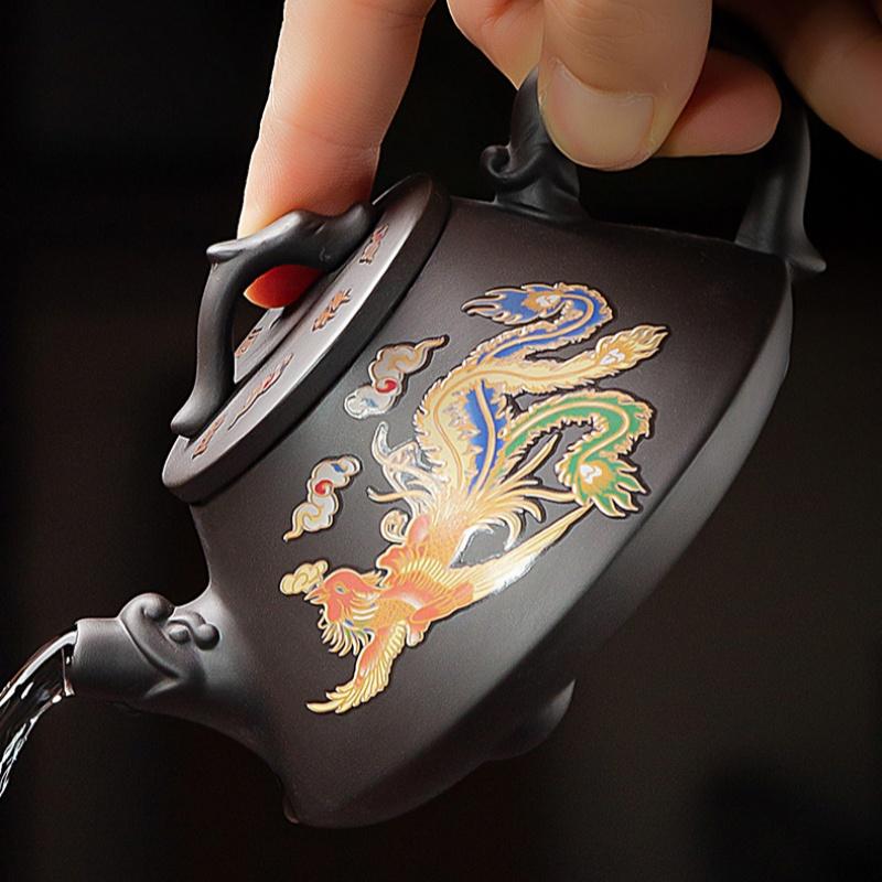 Исинский фиолетовый глиняный горшок, домашний китайский чайный сервиз с драконом и фениксом, меняющий цвет при нагревании