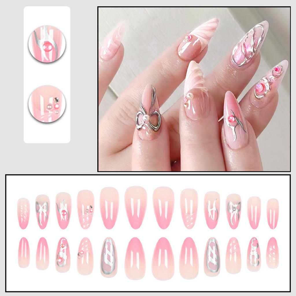 Pink Gradient Fake Nails with 3D Pattern Prevailing Natural Look Press-On Nail Sets for Hot Girl Dress Matching