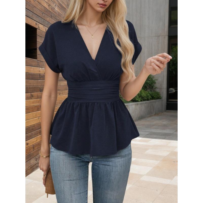 Весенний V-образный вырез, приталенный пояс, однотонная юбка с рукавами на плечах, плиссированный подол, топ с Т-образными рукавами