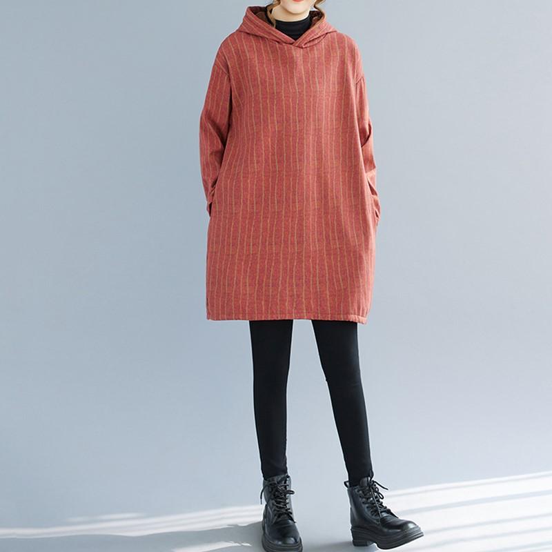 Хлопковое худи винтажная полоска больших размеров с длинным рукавом новое в платьях для женщин повседневное свободное мини весенне-осеннее зимнее платье