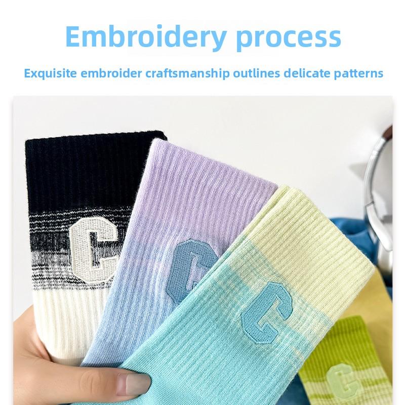 5 пар женских осенне-зимних хлопковых носков-труб с вышивкой и градиентным цветом, универсальные спортивные носки