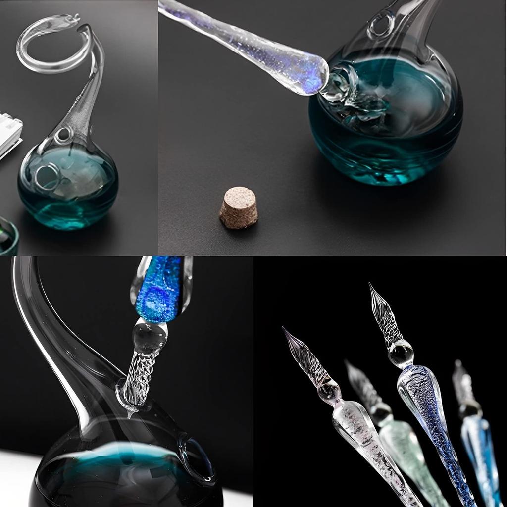 MIMIA Glass Bottle and Glass Pen Set for Signature Calligraphy Art Painting Decoration Dip Pen Fountain Pen Transparent Ink Bottle (Light Blue)