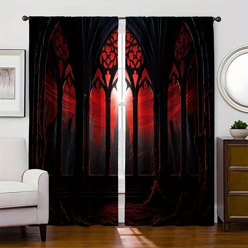 Set Of 2 Red Curtain Night Gothic Castle Digital Printed Curtains Polyester Material Suitable Living Room Kitc For Sitting Made With Rod Pocket