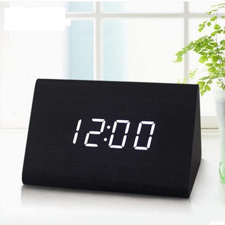Sleek Wooden Voice Control Led Display Alarm Digital Triangular Desk Clock Thermometer