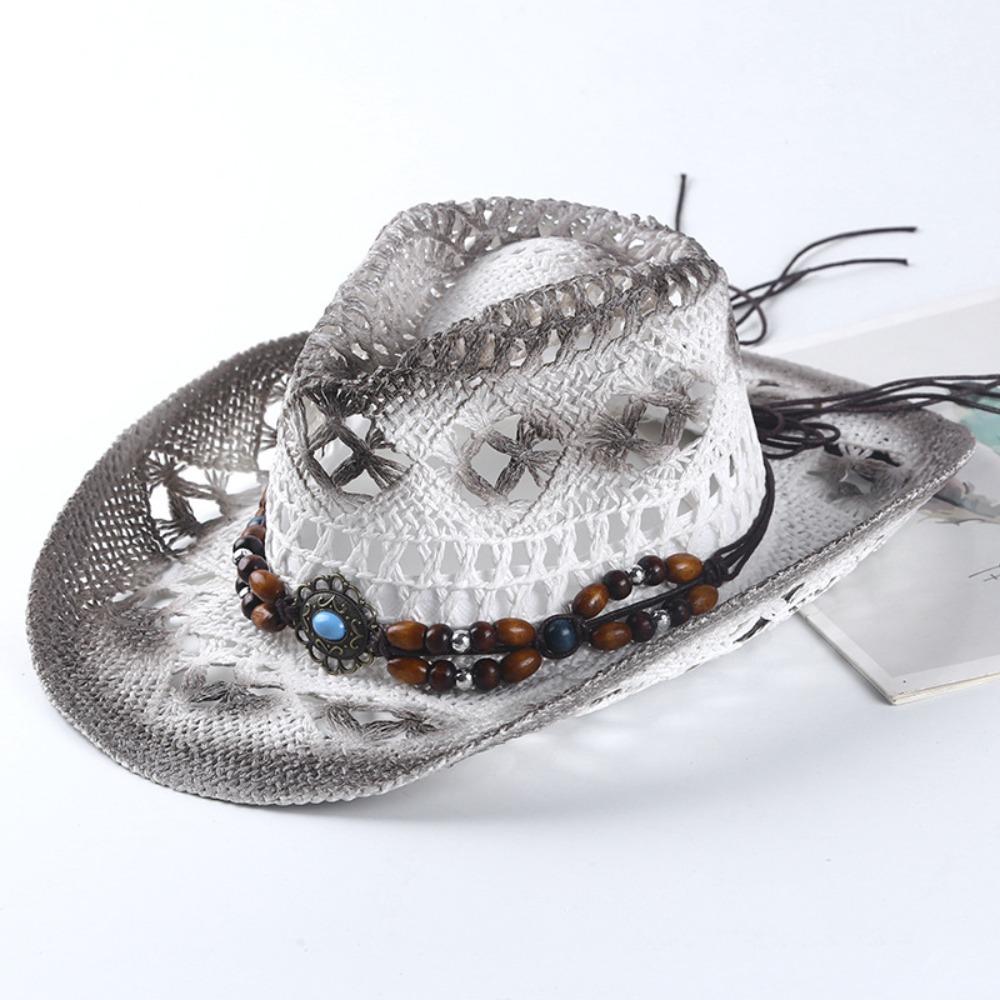 Retro Wide Brim Western Cowboy Hat Beads Ethnic Style Sunscreen Straw Hat Breathable Hollow Out Sun Hat Summer