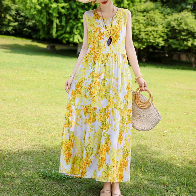 Элегантное женское платье без рукавов больших размеров с коротким рукавом и винтажным принтом, длинное платье, летняя повседневная женская одежда среднего возраста