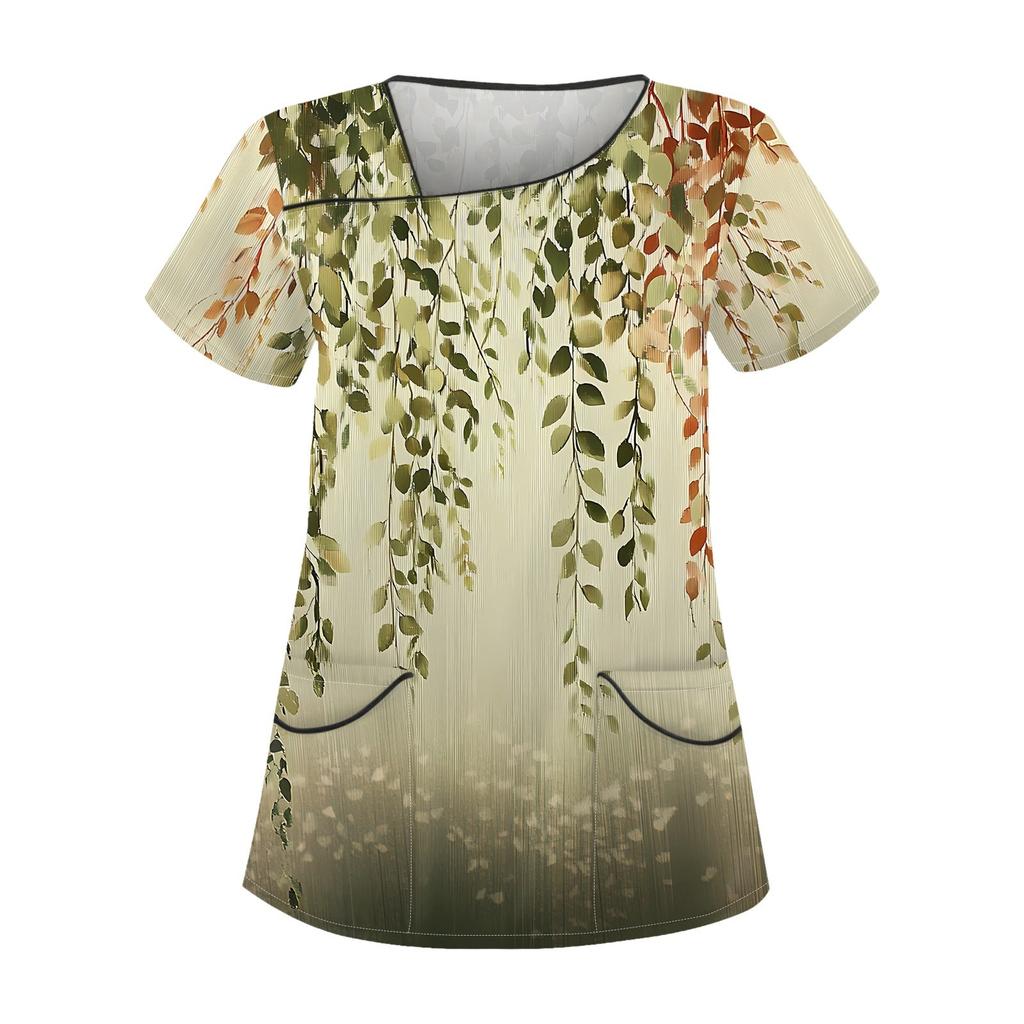 Женская повседневная рабочая одежда с короткими рукавами и наклонным воротником с принтом и двойными карманами