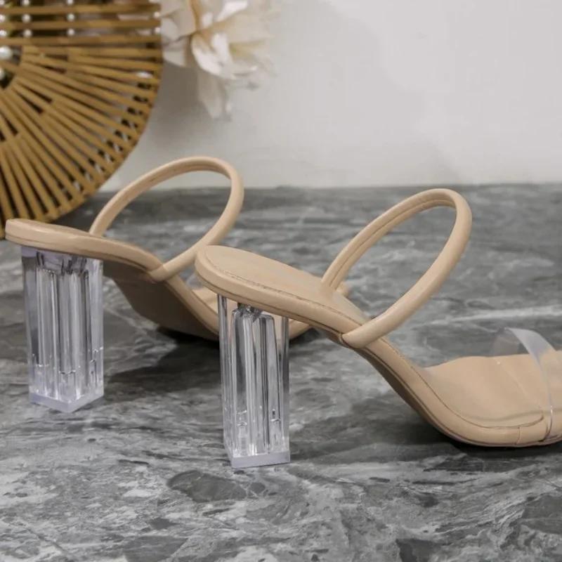 One Word Thick Heel Crystal Heel Slippers Fashionable Outer Wear High Heels Women's Shoes 2024 Summer New Style Transparent Heel