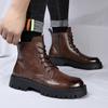 New Outdoor Mens Casual Cowhide Boots Brown Genuine Leather Round Toe British Style Platform Thick Sole Anti-slip Wearable Shoes