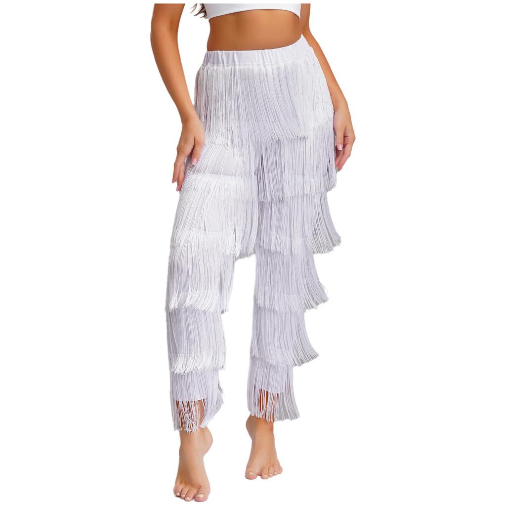 Womens Latin Dance Fringe Pants Elastic Waistband Contrast Color Tassel Trousers Cha Cha Tango Rumba