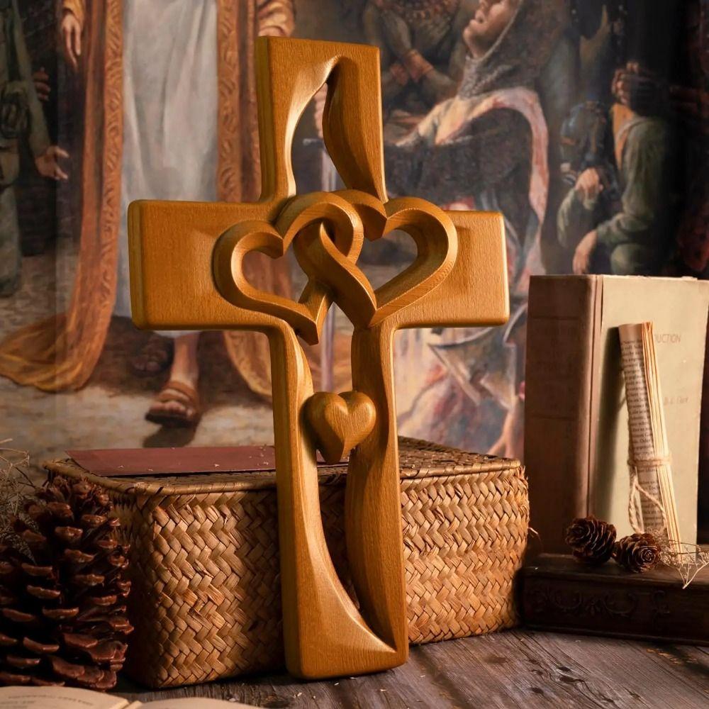 Christian Intertwined Heart Wooden Cross Valentine's Day Log Cross Pendant Living Room Decor