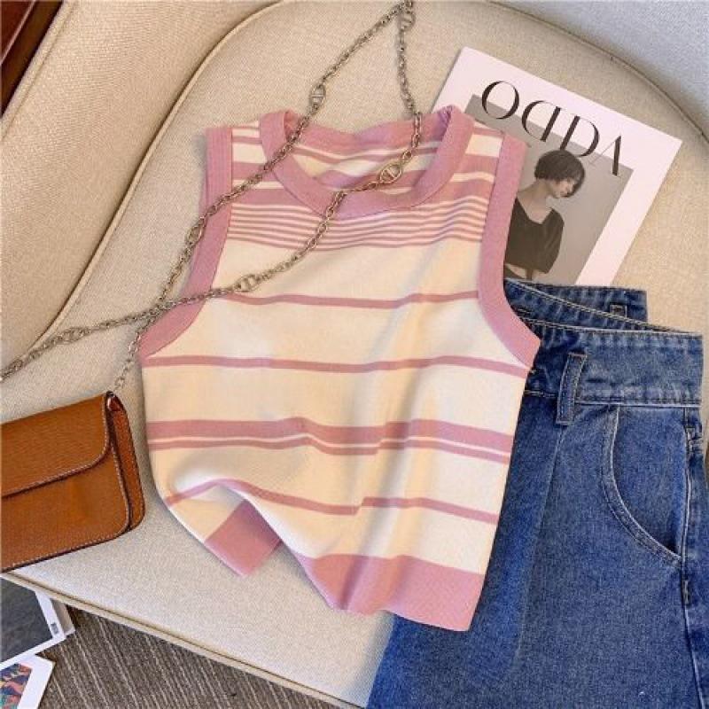 Women's Striped Tanks Vest Tops Women Slim Knitting Basic Simple O-neck Korean Style Sweater