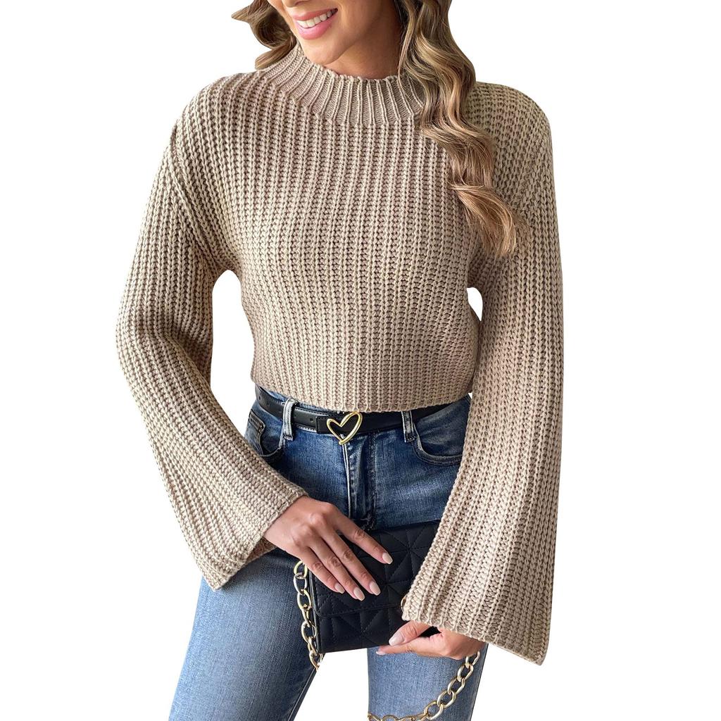 Women's Autumn And Winter Short Knitted Sweater With Flared Sleeves And A Half High Collar Pullover Sweater
