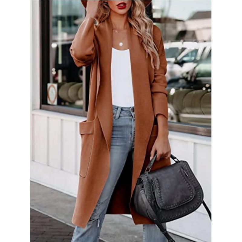 Осенне-зимняя женская повседневная длинная однотонная теплая куртка-пальто