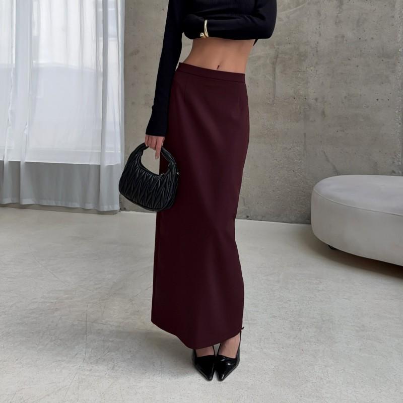 Womens Brown Split Straight Midi Skirt High Waist Slim Elegant Commuter Style 2025