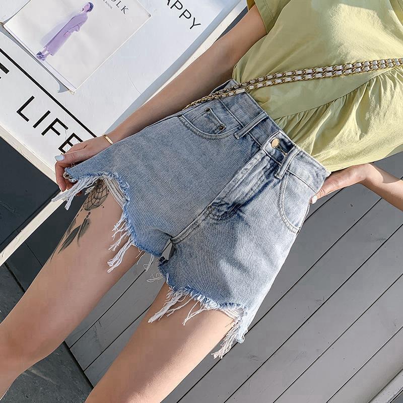 Классическая и минималистская мода универсальные рваные женские летние с высокой талией тонкие наружные джинсовые шорты трапециевидной формы с необработанным краем индивидуальность