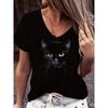 Women's Black Cat 3D Print V-Neck T-Shirt Short Sleeve Casual Top Cat