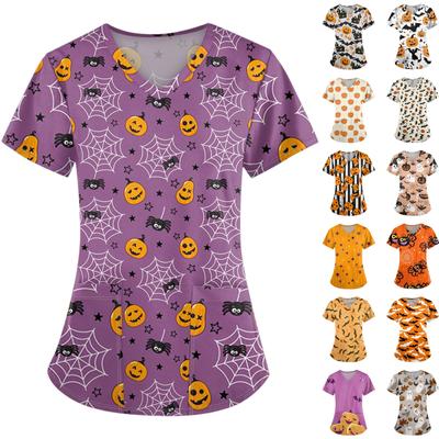 Женская модная футболка с коротким рукавом и v-образным вырезом с карманом на Хэллоуин