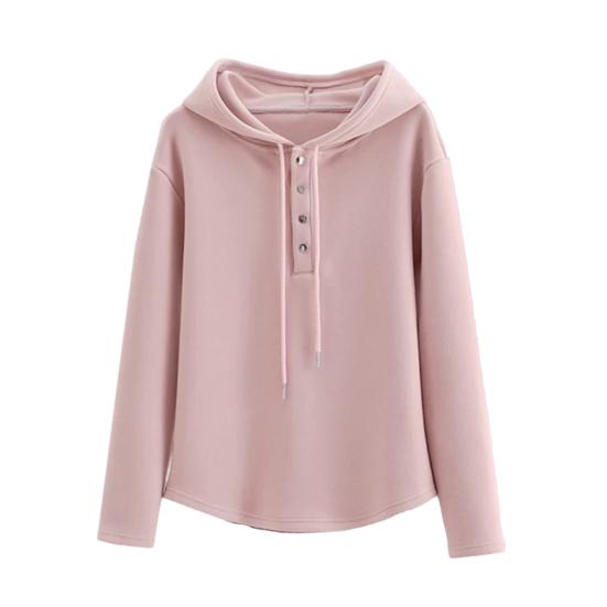 Women Hoodie Fall Long Sleeve Button Up Drawstring Hooded Sweatshirt Loose Fit Casual Thin Pullover Top