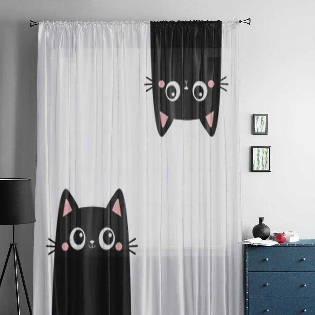 Две черные прозрачные шторы с котенком для окна гостиной, прозрачная вуаль, тюлевая занавеска, шторы для спальни, домашний декор