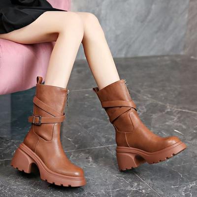 Туфли на платформе, массивные, женские, на высоком каблуке, модные, до середины голени, тренд 2025 года, зимние женские сапоги, элегантные туфли-лодочки из кожи, Zapatos
