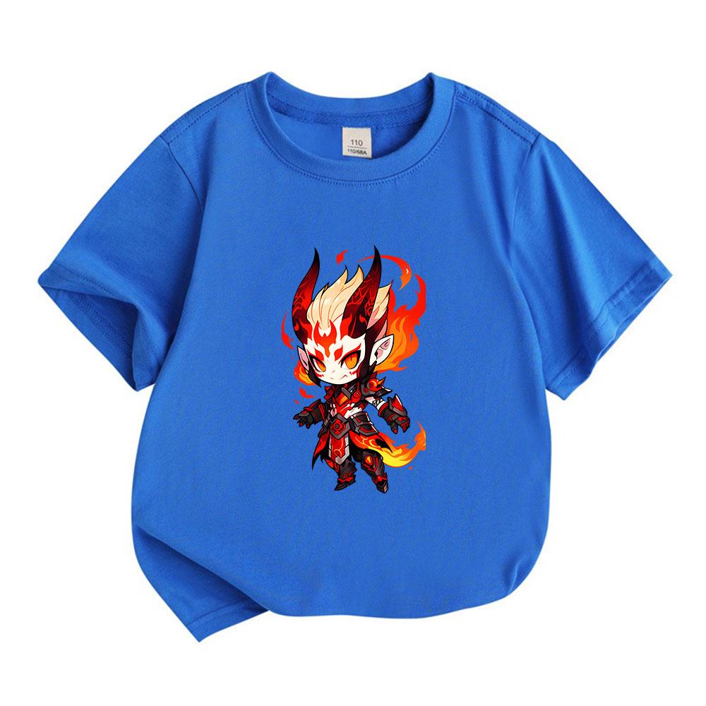 Kids Boys Girls Crew Neck Short Sleeve T-Shirt, 100% Cotton Casual Tees with Fiery Demon Cartoon Character Print, Soft Breathable Summer Daily Wear fo