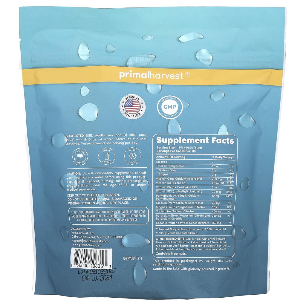 Primal Harvest Primal Hydration, No Sugar, Lemon Berry, 30 Stick Packs, 5.5 Oz (156 G)