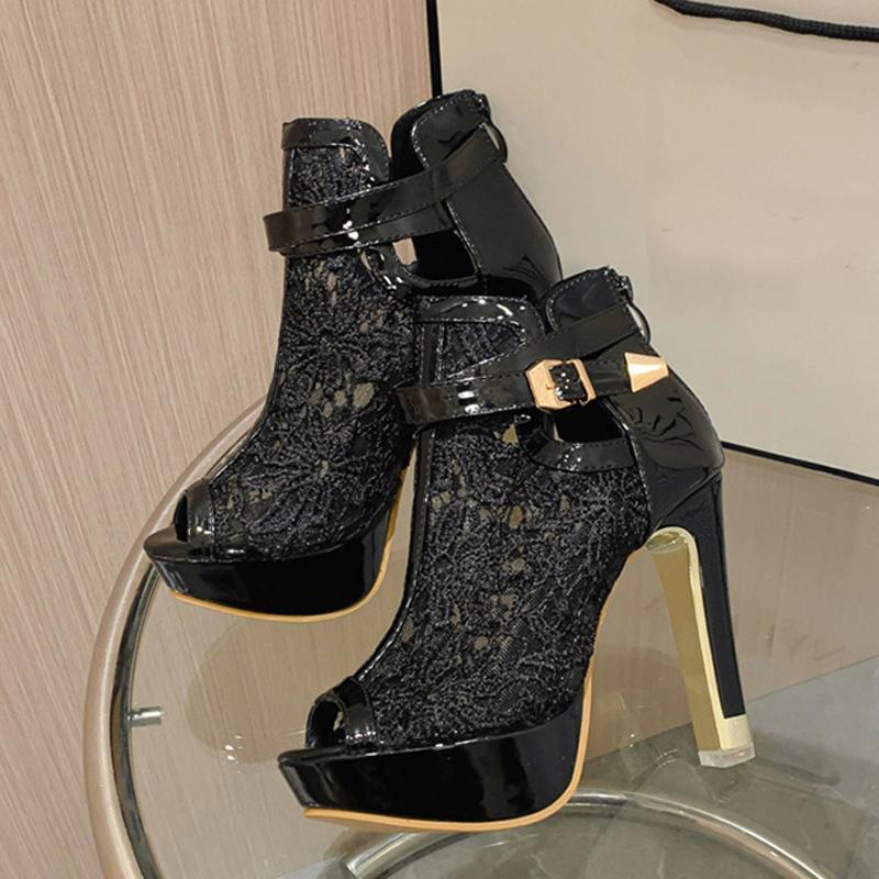 Liyke Размер 35-42 Сексуальные туфли на платформе с открытым носком и высоким каблуком для танцев Женские черные белые сетчатые летние сапоги Сандалии Женские Zapatos Mujer