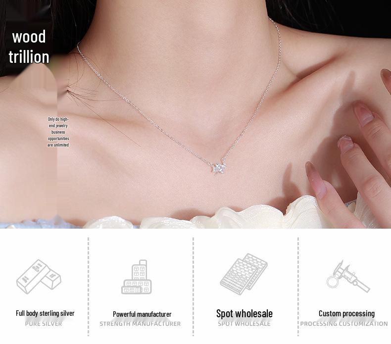 S999 Sterling Silver Minimalist Clover Necklace: Women's Luxurious, High-Design, Super Shiny Clavicle Chain Choker.
