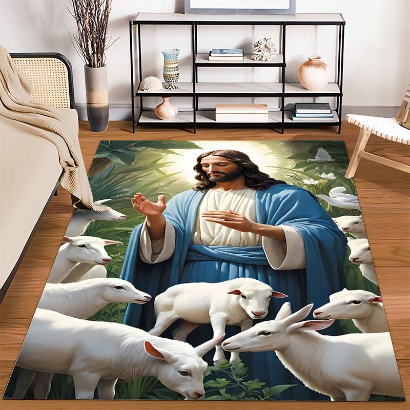 Peaceful Shepherd with Lambs Non-slip rug suitable for living room and bedroom sofas.